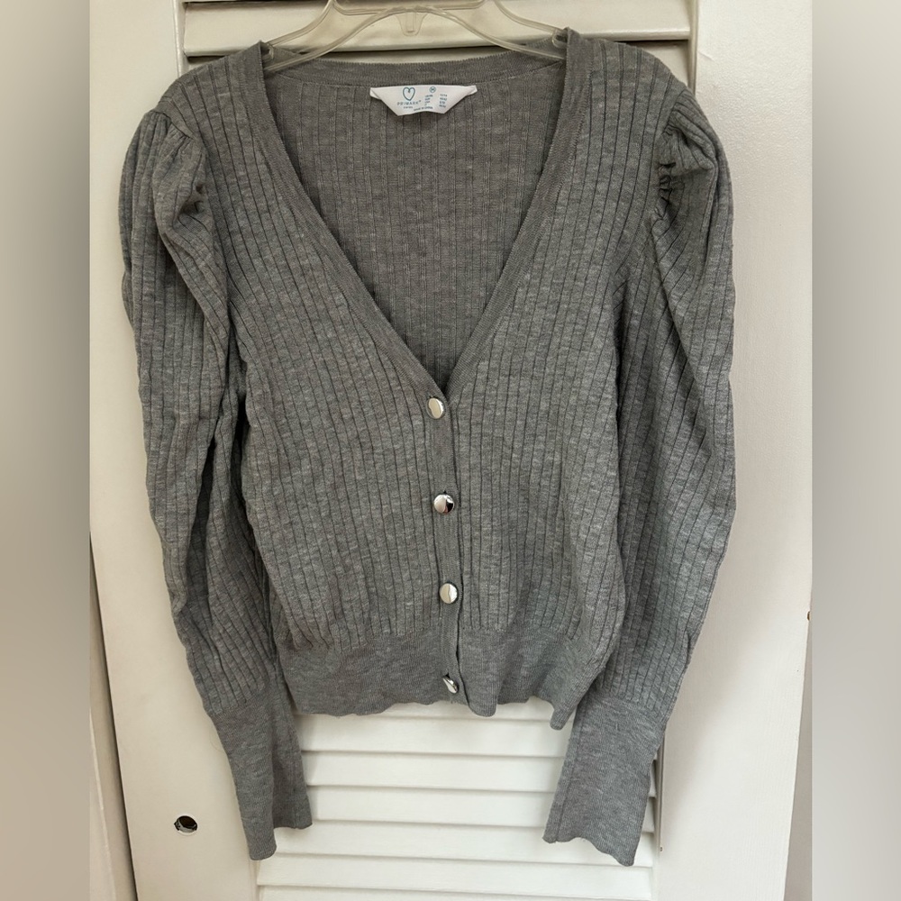 Grey Puff Shoulder Cardigan Silver Buttons